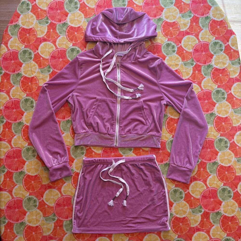 SHEIN Lilac Purple Velour Cropped Zip Up Hoodie Mini Skirt Matching Set Sporty S